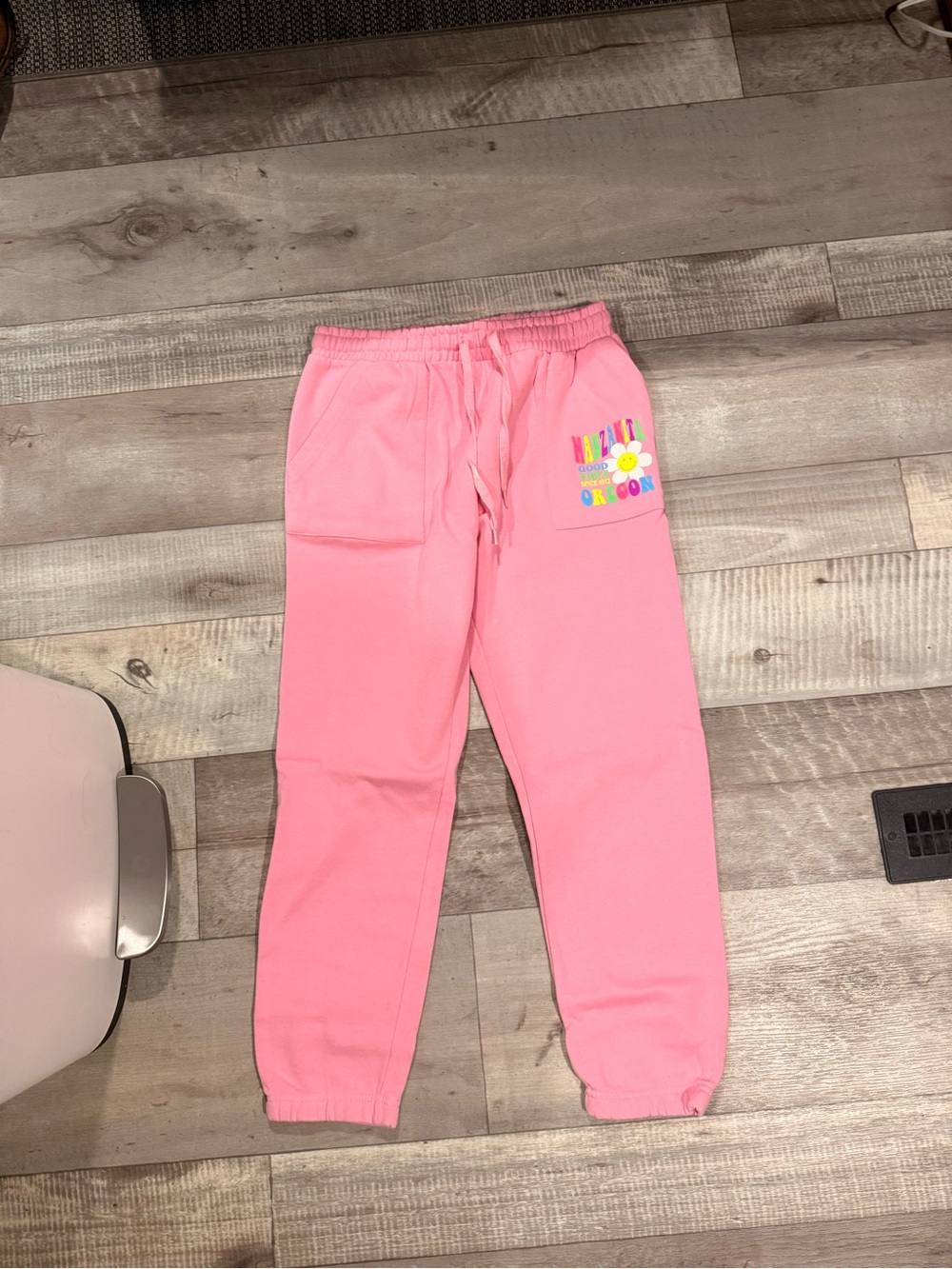 Pink Sweatpants with Rainbow Oregon Coast decal on Pocket